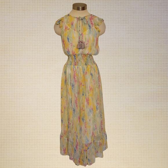 Chiffon Boho Maxi Dress Smocked Waist Tassel Tie Anthropologie Size 2 - Picture 1 of 8